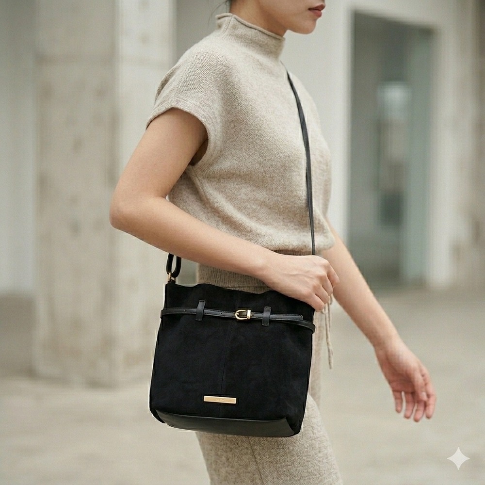 Womens Boho Crossbody Handbag Black Faux Suede Buckle House of Harlow 1960